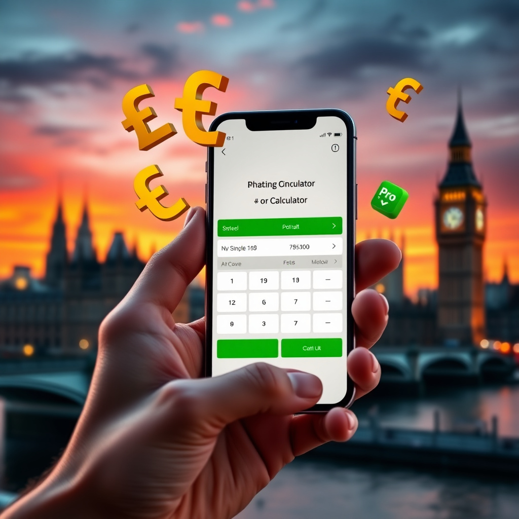 single bet calculator app on a smartphone with British Pound winnings and bookmaker odds against the London skyline for United Kingdom punters
